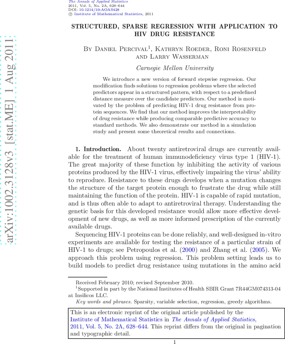 Structured, sparse regression with application to HIV drug resistance