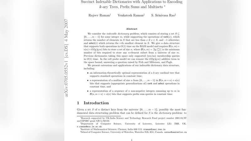 Succinct Indexable Dictionaries with Applications to Encoding $k$-ary   Trees, Prefix Sums and Multisets