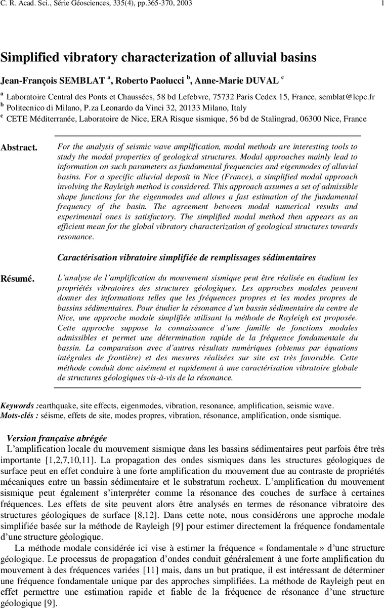 Simplified vibratory characterization of alluvial basins