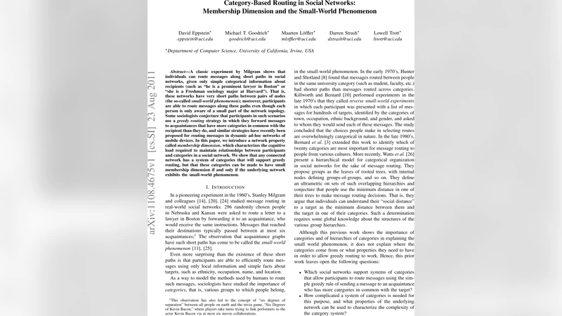 Category-Based Routing in Social Networks: Membership Dimension and the   Small-World Phenomenon (Short)