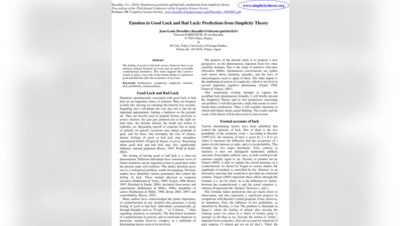 Emotion in good luck and bad luck: predictions from simplicity theory