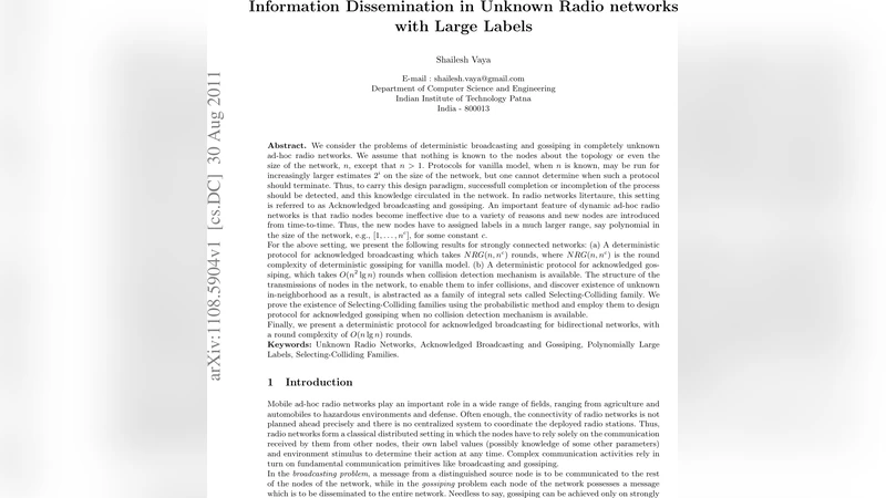 Information Dissemination in Unknown Radio networks with Large Labels