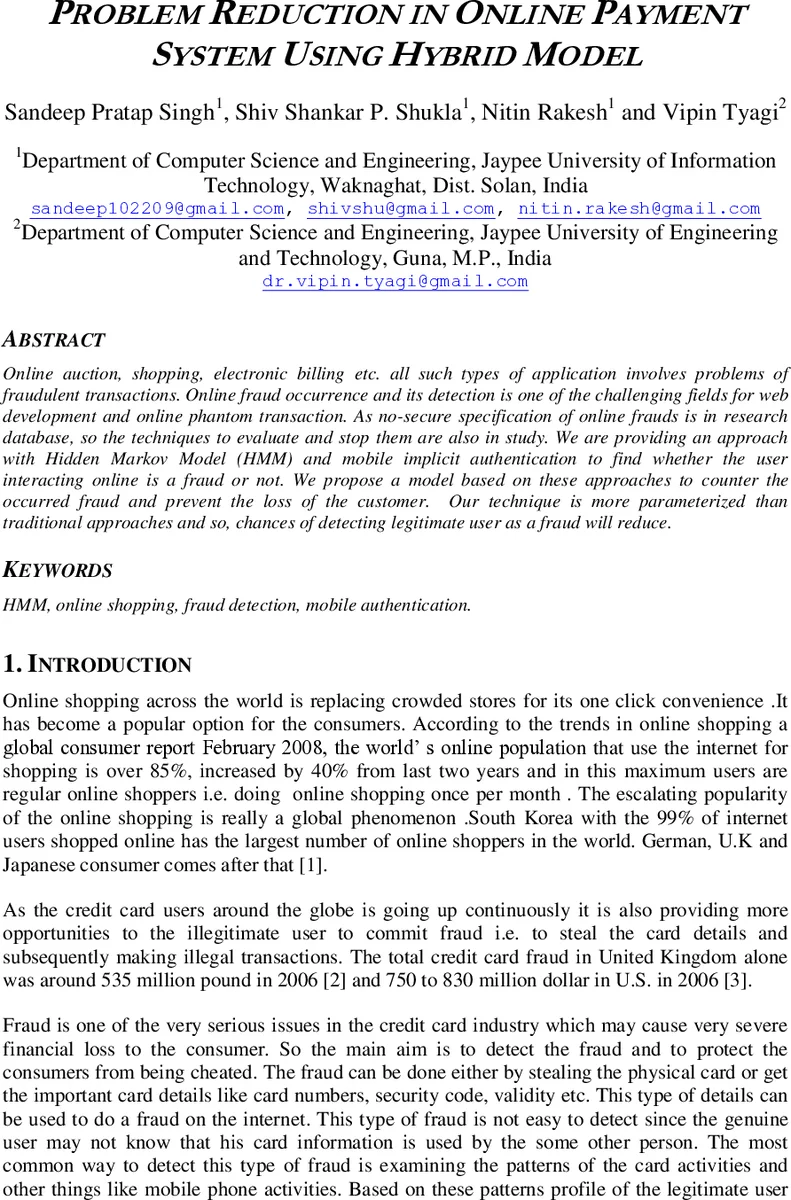 Problem Reduction in Online Payment System Using Hybrid Model