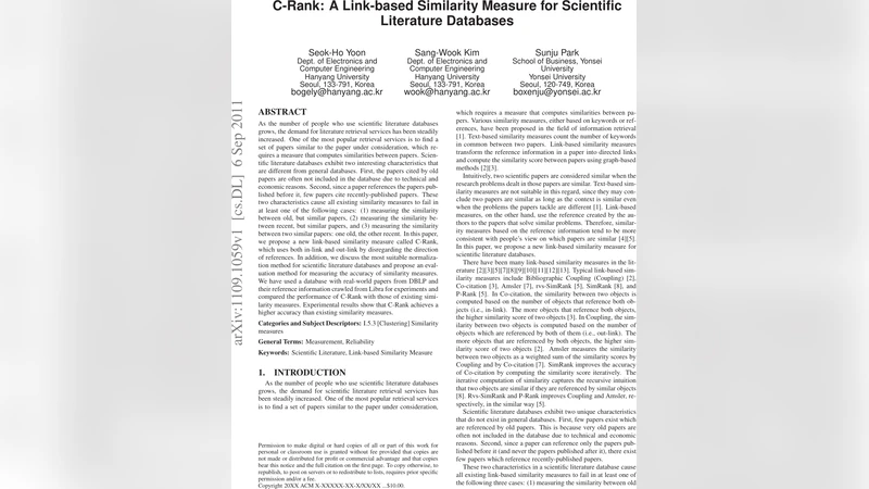 C-Rank: A Link-based Similarity Measure for Scientific Literature   Databases