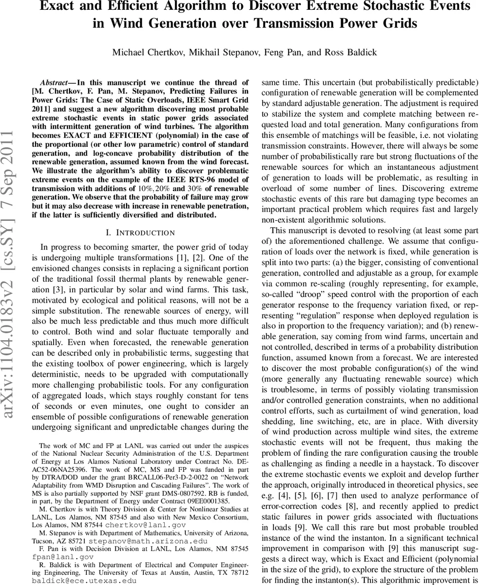 Exact and Efficient Algorithm to Discover Extreme Stochastic Events in   Wind Generation over Transmission Power Grids