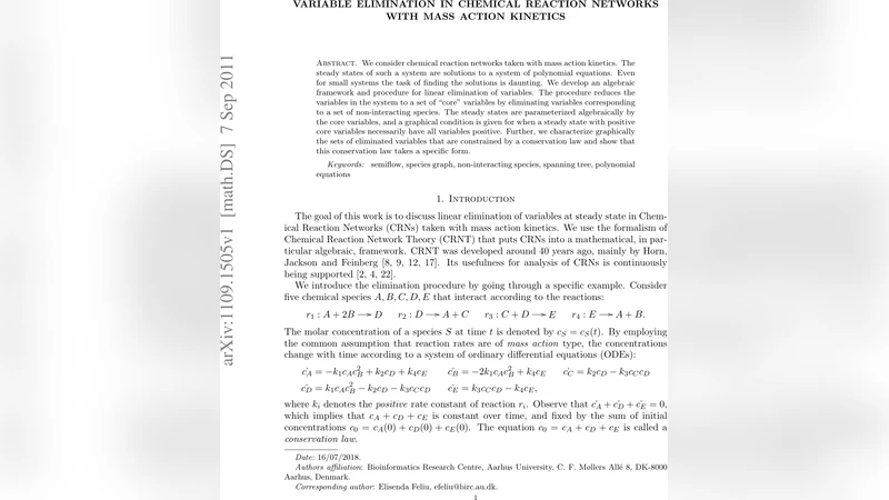 Variable elimination in chemical reaction networks with mass action   kinetics