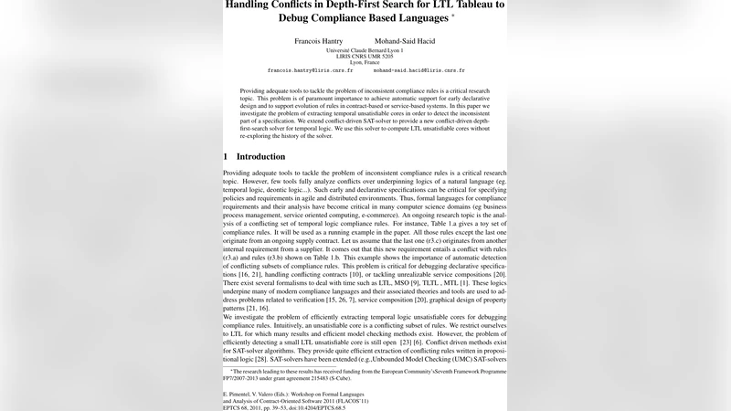 Handling Conflicts in Depth-First Search for LTL Tableau to Debug   Compliance Based Languages