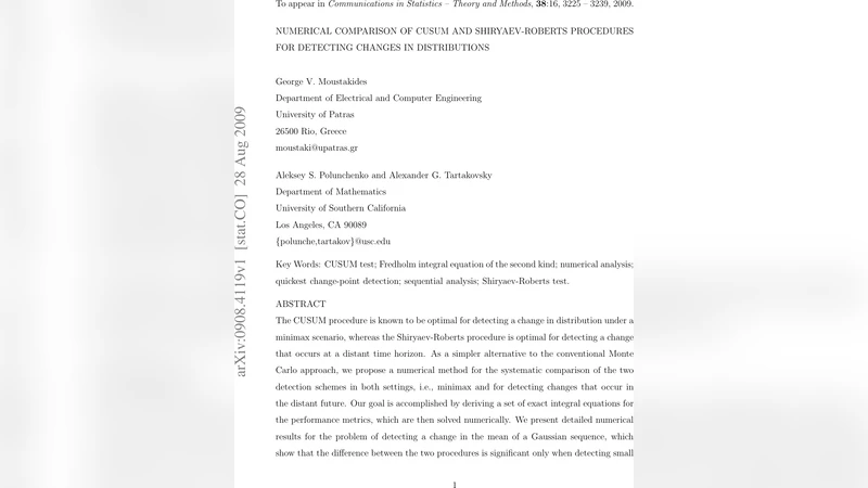 Numerical Comparison of Cusum and Shiryaev-Roberts Procedures for   Detecting Changes in Distributions