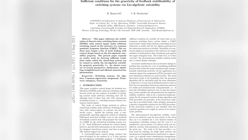 Sufficient conditions for the genericity of feedback stabilisability of   switching systems via Lie-algebraic solvability