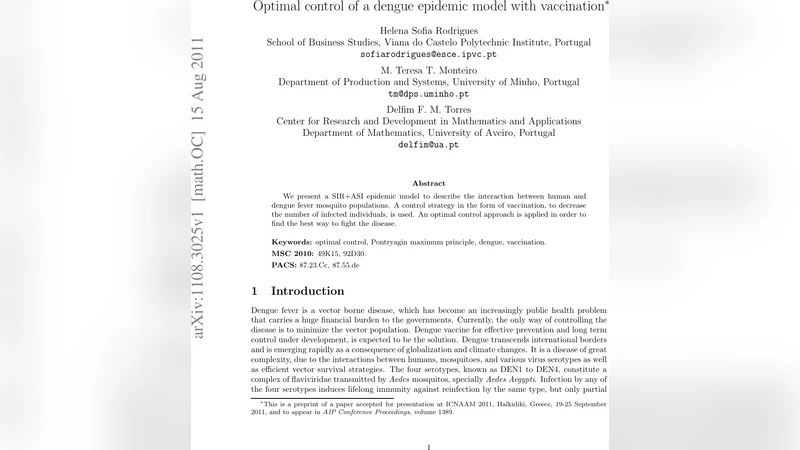 Optimal control of a dengue epidemic model with vaccination