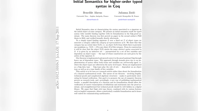 Initial Semantics for higher-order typed syntax in Coq