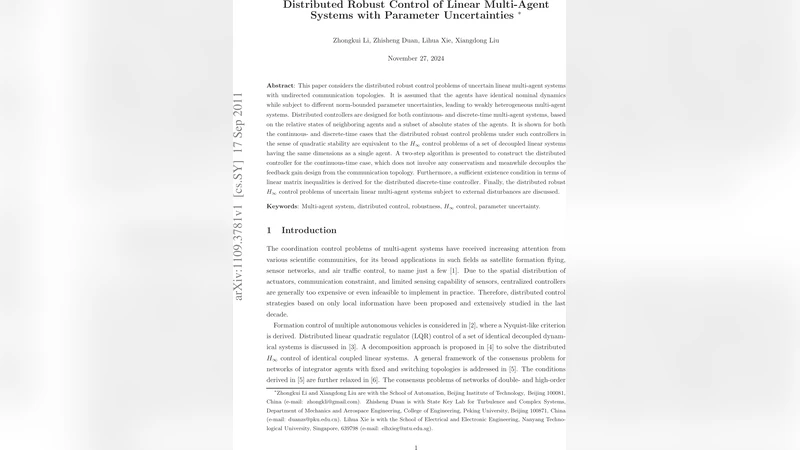 Distributed Robust Control of Linear Multi-Agent Systems with Parameter   Uncertainties