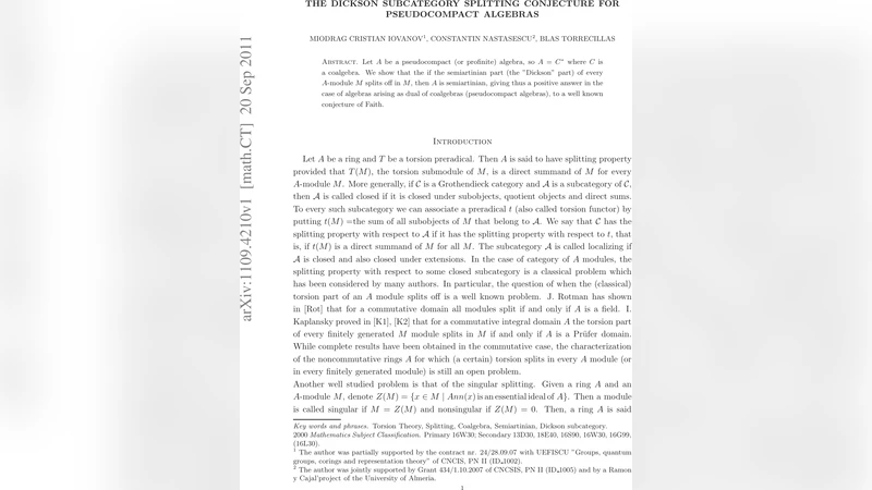 The Dickson Subcategory Splitting Conjecture for Pseudocompact Algebras