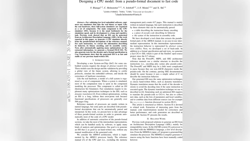 Designing a CPU model: from a pseudo-formal document to fast code