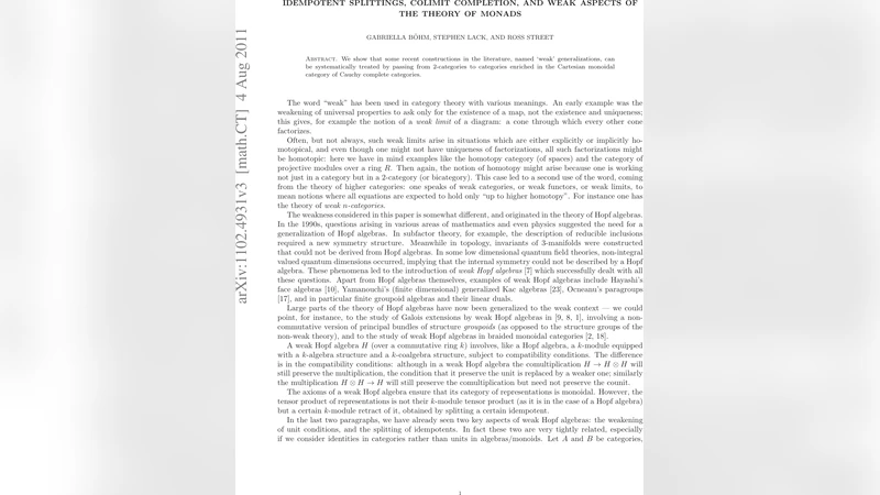 Idempotent splittings, colimit completion, and weak aspects of the   theory of monads