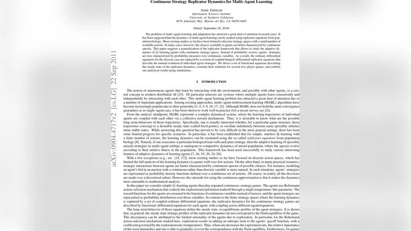 Continuous Strategy Replicator Dynamics for Multi--Agent Learning