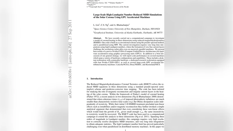 Large-Scale High-Lundquist Number Reduced MHD Simulations of the Solar   Corona Using GPU Accelerated Machines