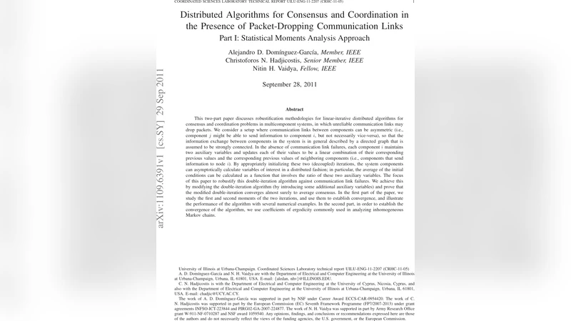 Distributed Algorithms for Consensus and Coordination in the Presence of   Packet-Dropping Communication Links - Part I: Statistical Moments Analysis   Approach