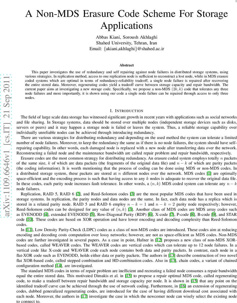 A Non-MDS Erasure Code Scheme For Storage Applications