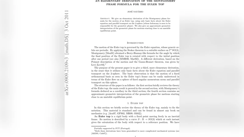 An elementary derivation of the Montgomery phase formula for the Euler   top