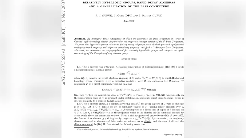 Relatively hyperbolic groups, rapid decay algebras, and a generalization   of the Bass conjecture