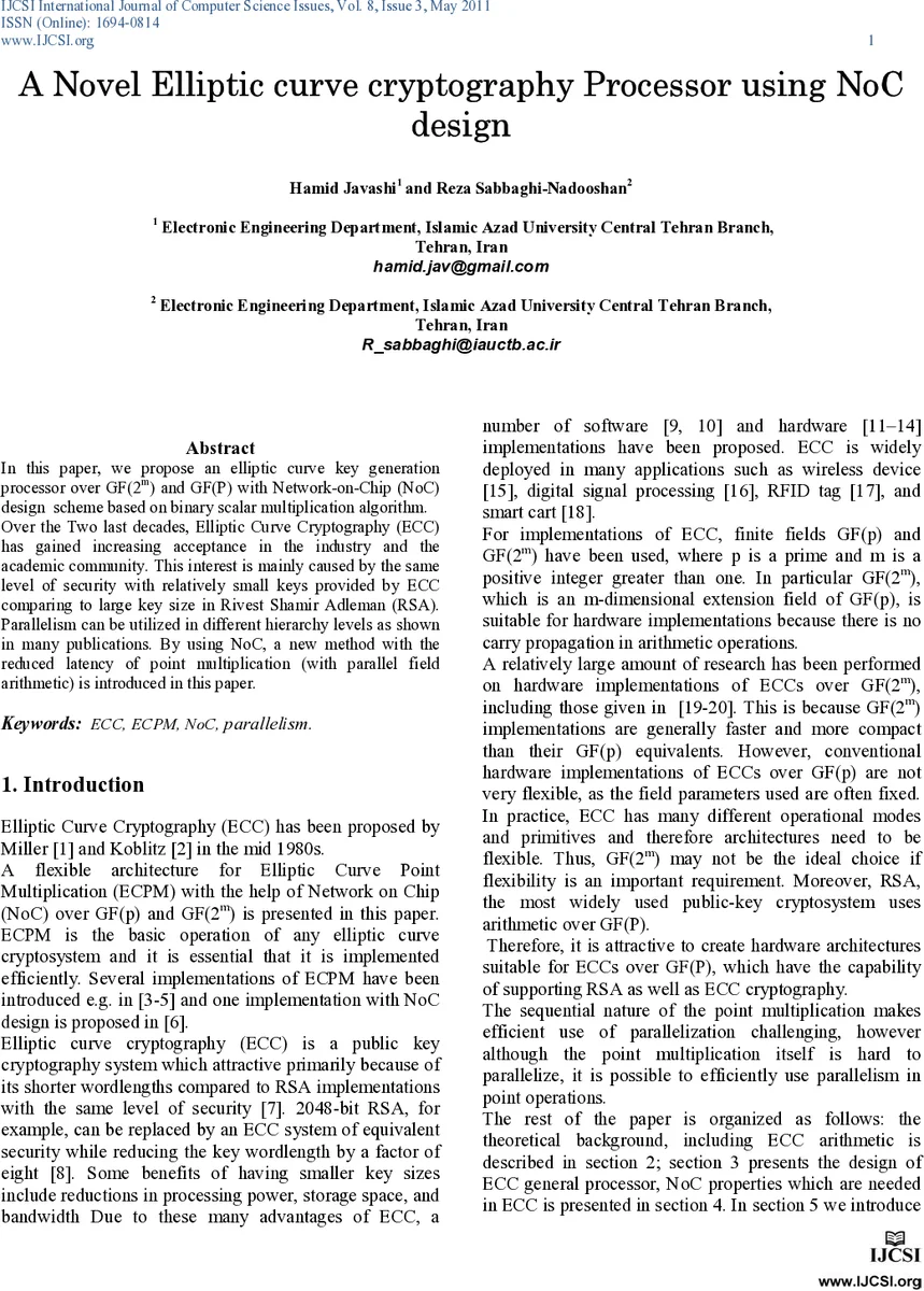 A Novel Elliptic curve cryptography Processor using NoC design