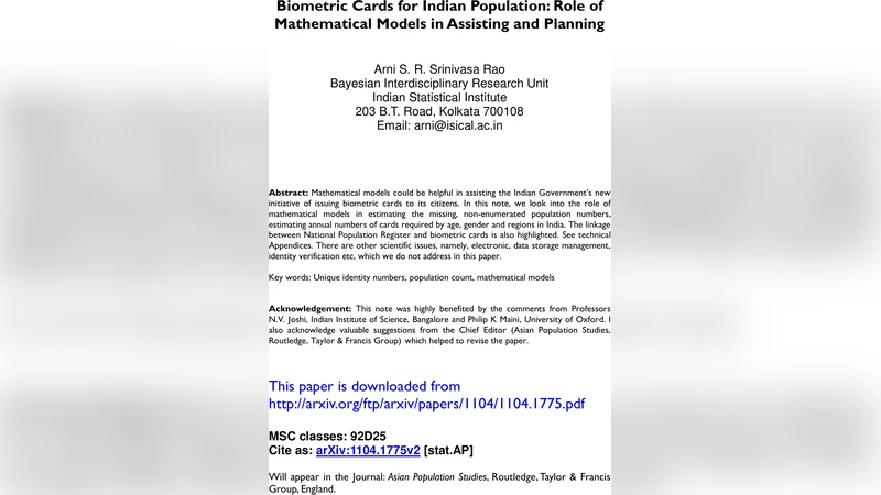 Biometric Cards for Indian Population: Role of Mathematical Models in   Assisting and Planning