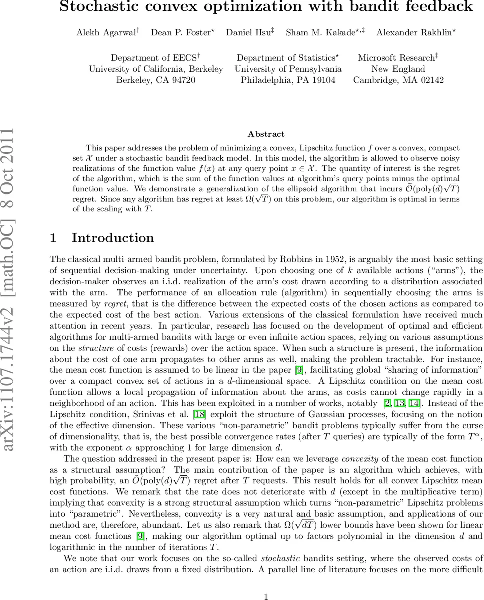 Stochastic convex optimization with bandit feedback