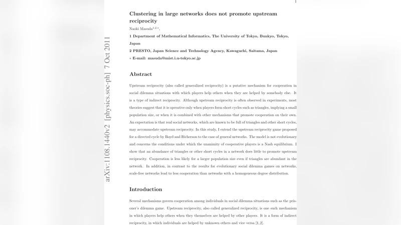 Clustering in large networks does not promote upstream reciprocity