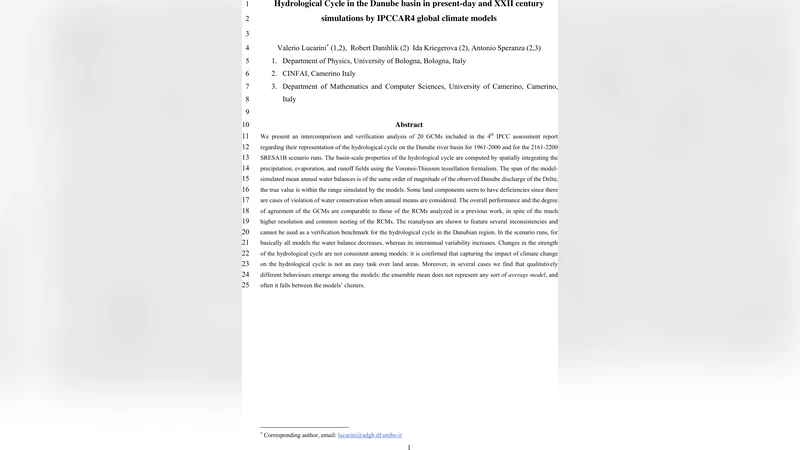 Hydrological Cycle in the Danube basin in present-day and XXII century   simulations by IPCCAR4 global climate models