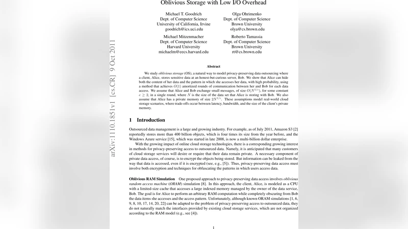 Oblivious Storage with Low I/O Overhead
