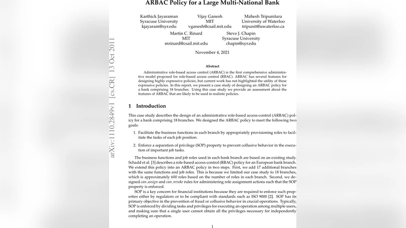 ARBAC Policy for a Large Multi-National Bank