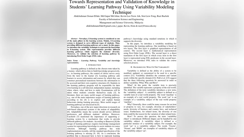 Towards Representation and Validation of Knowledge in Students Learning   Pathway Using Variability Modeling Technique