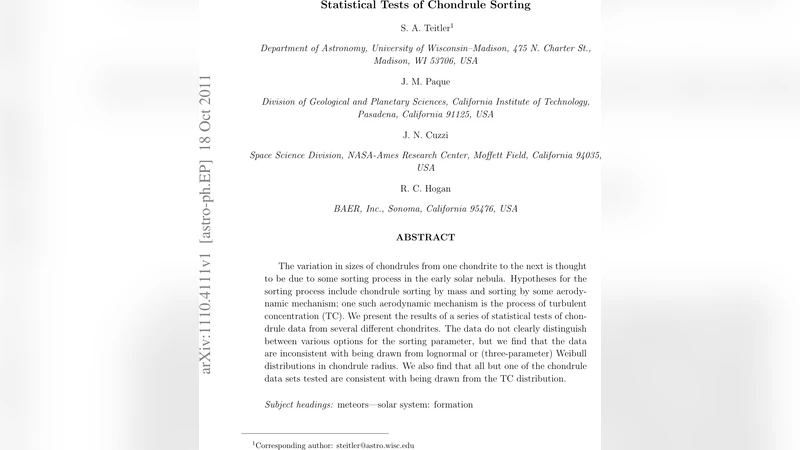 Statistical Tests of Chondrule Sorting