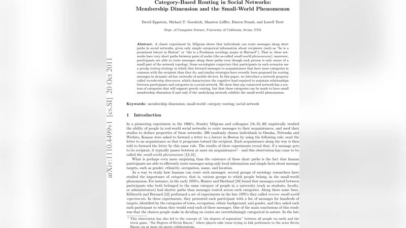 Category-Based Routing in Social Networks: Membership Dimension and the   Small-World Phenomenon (Full)