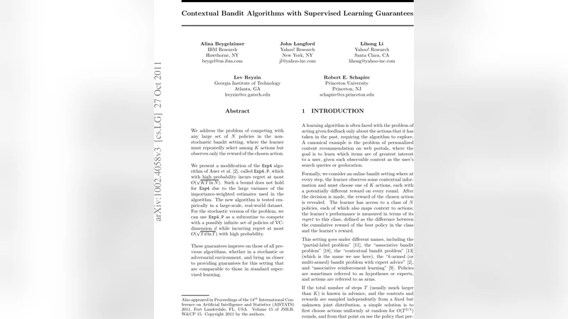 Contextual Bandit Algorithms with Supervised Learning Guarantees