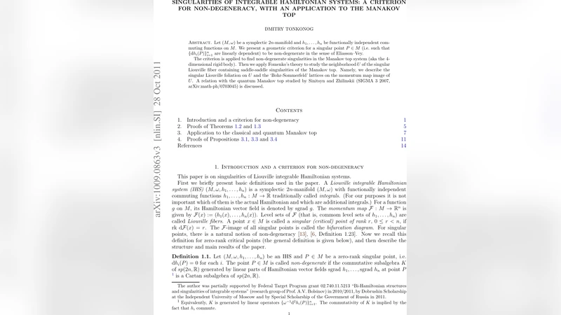 Singularities of integrable Hamiltonian systems: a criterion for   non-degeneracy, with an application to the Manakov top