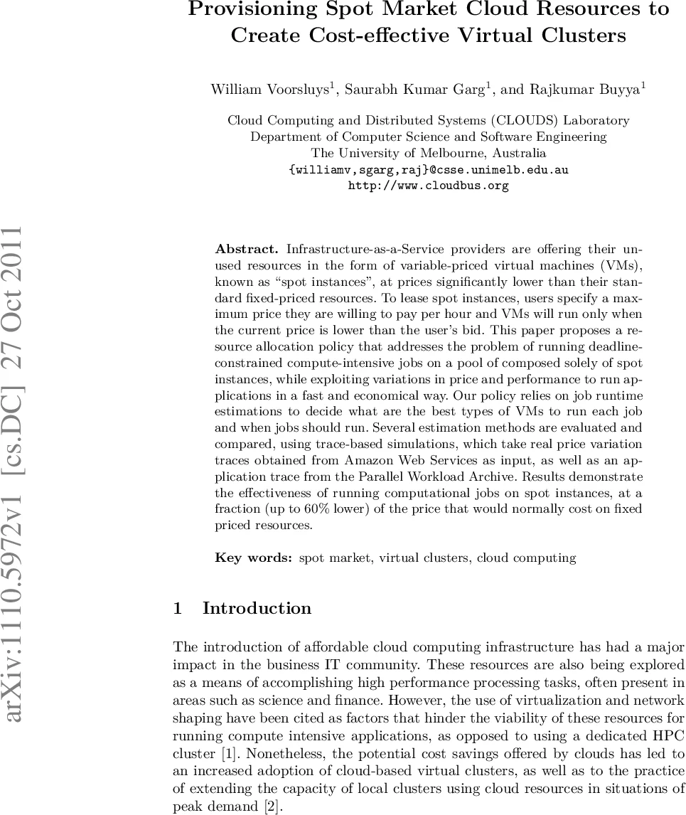 Provisioning Spot Market Cloud Resources to Create Cost-effective   Virtual Clusters