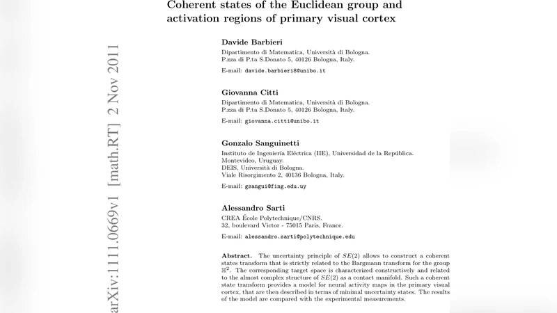 Coherent states of the Euclidean group and activation regions of primary   visual cortex