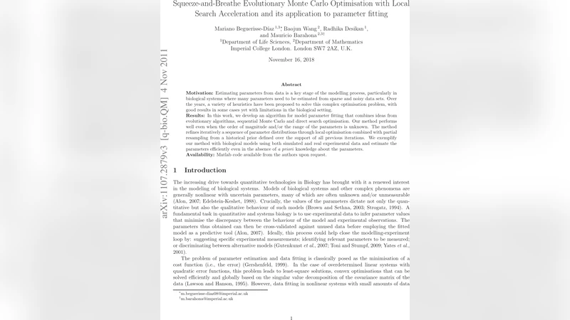 Squeeze-and-Breathe Evolutionary Monte Carlo Optimisation with Local   Search Acceleration and its application to parameter fitting