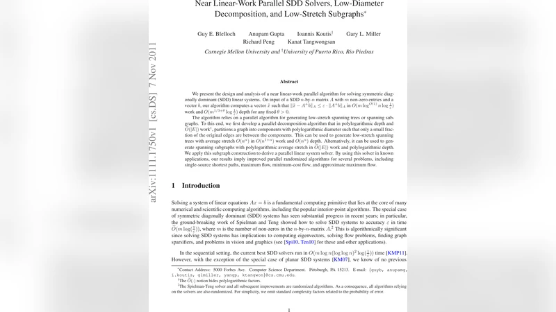 Near Linear-Work Parallel SDD Solvers, Low-Diameter Decomposition, and   Low-Stretch Subgraphs