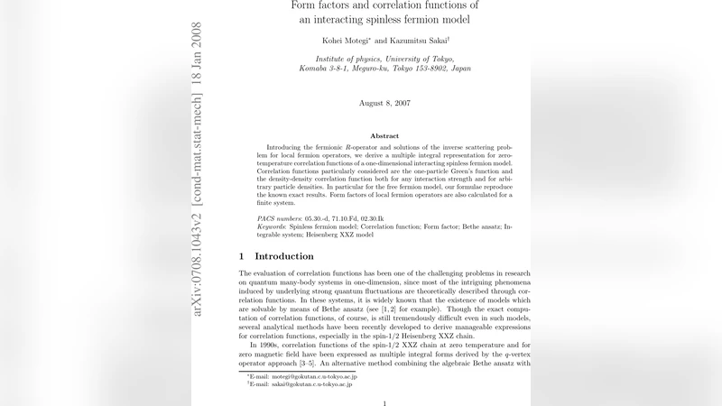 Form factors and correlation functions of an interacting spinless   fermion model
