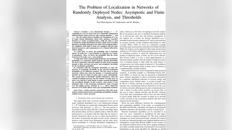 The Problem of Localization in Networks of Randomly Deployed Nodes:   Asymptotic and Finite Analysis, and Thresholds