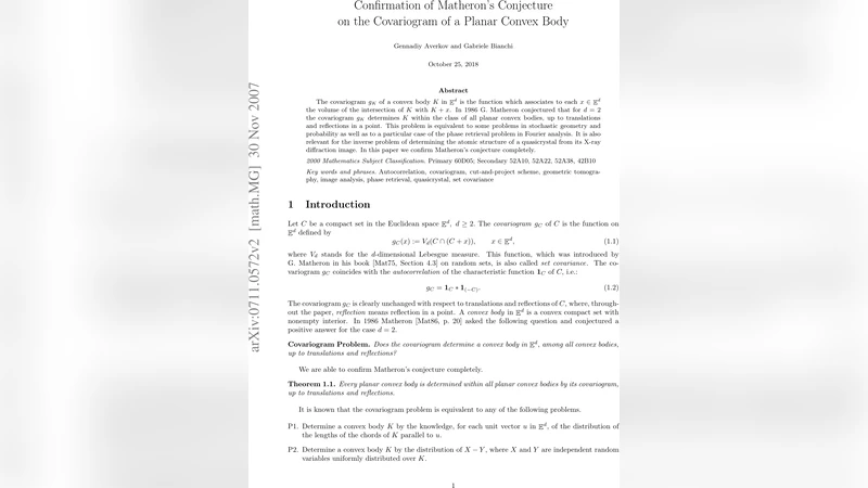 Confirmation of Matherons conjecture on the covariogram of a planar   convex body