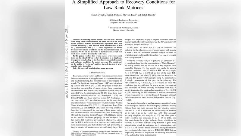 A Simplified Approach to Recovery Conditions for Low Rank Matrices