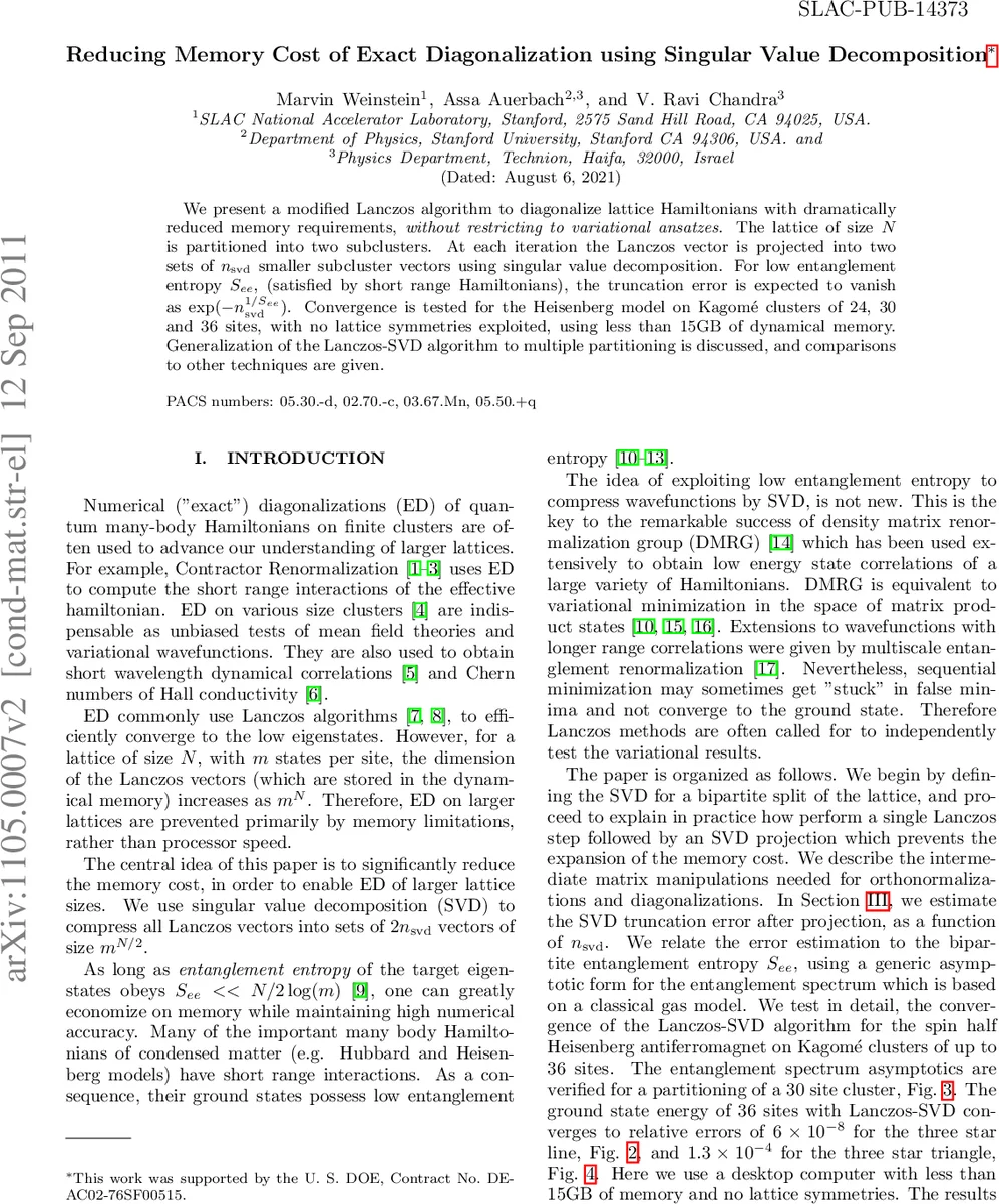 Reducing Memory Cost of Exact Diagonalization using Singular Value   Decomposition