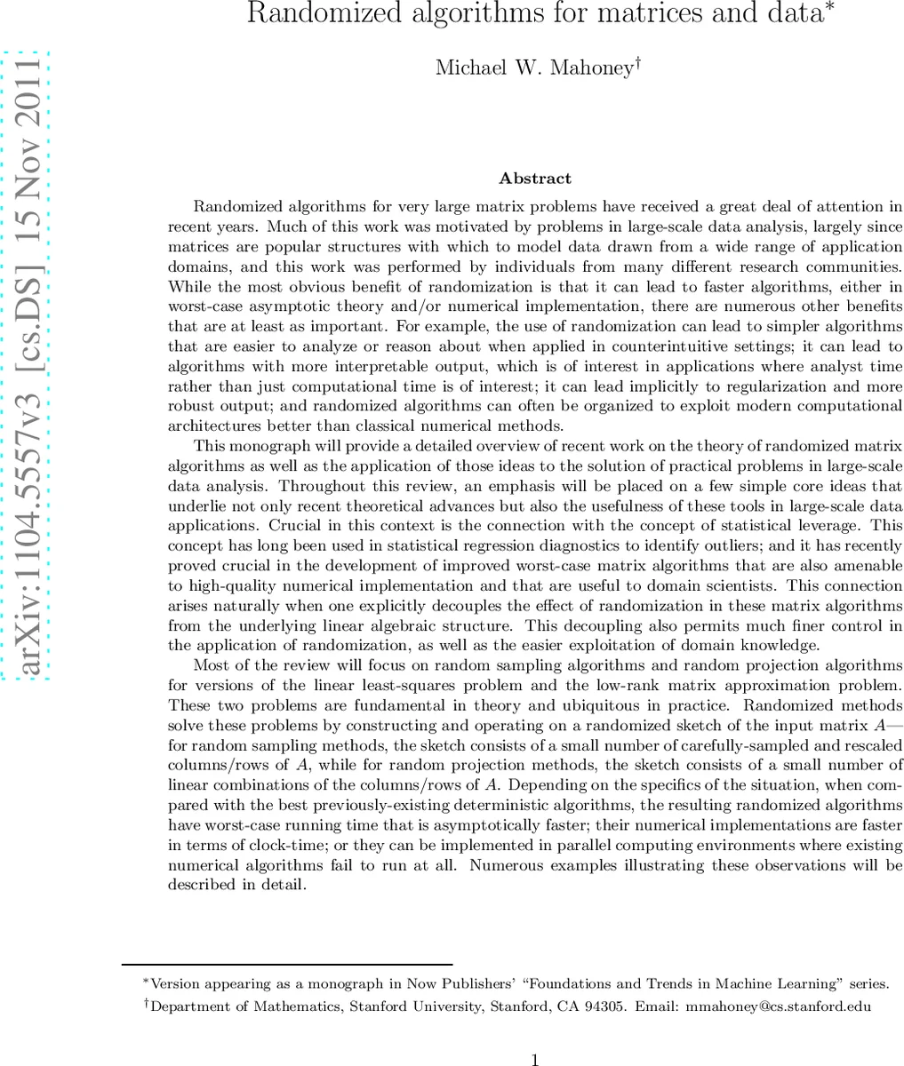 Randomized algorithms for matrices and data