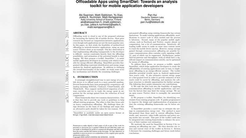 Offloadable Apps using SmartDiet: Towards an analysis toolkit for mobile   application developers
