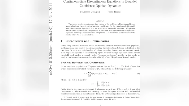 Continuous-time Discontinuous Equations in Bounded Confidence Opinion   Dynamics