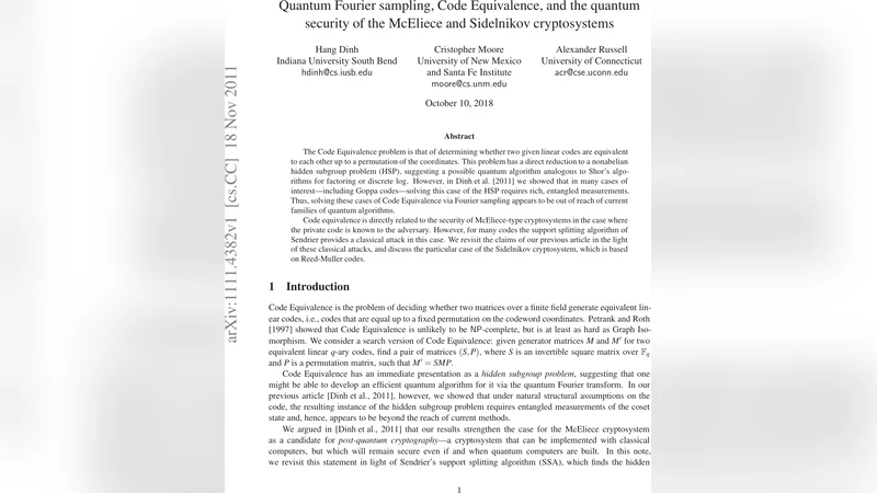Quantum Fourier sampling, Code Equivalence, and the quantum security of   the McEliece and Sidelnikov cryptosystems
